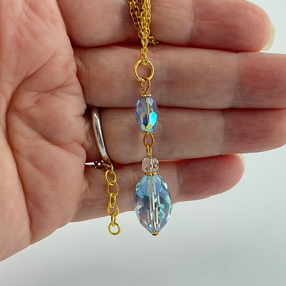 Aurora Borealis Crystals Pendant Necklace, Handmade, Aqua Blue, Vintage Crystals - Picture 5 of 8